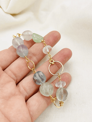 Pulsera piedras Fluorita y argollas doradas
