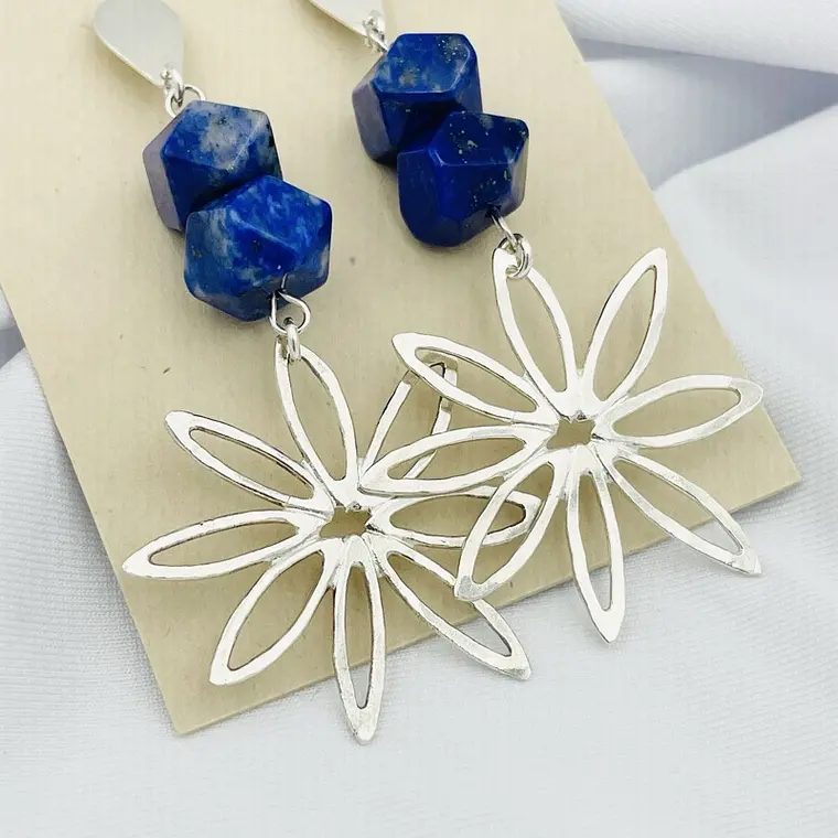 Aretes largos flor Crisantemo de plata con Lapislázuli 4