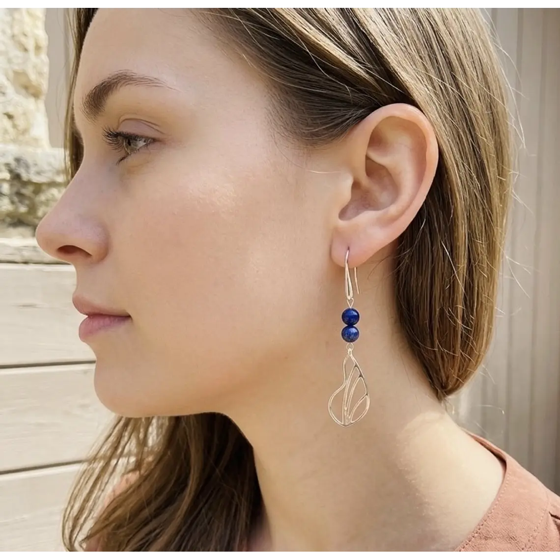 Aretes largos con hojas de plata y Lapislázuli 2
