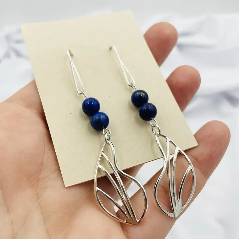 Aretes largos con hojas de plata y Lapislázuli 4