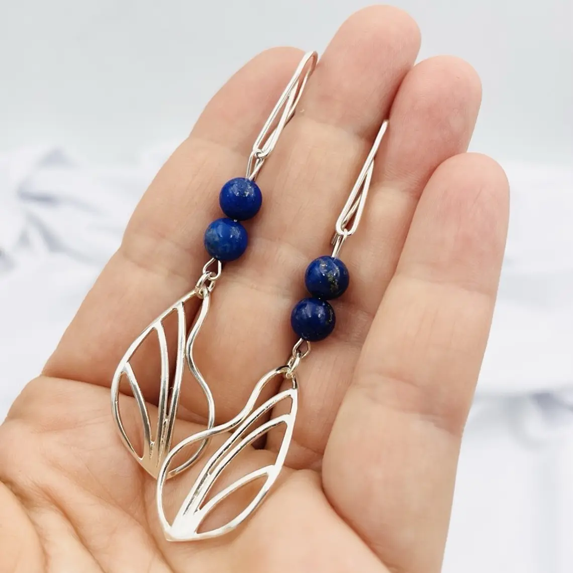 Aretes largos con hojas de plata y Lapislázuli 5