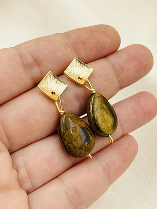 Aretes rombo dorados con piedra Ojo de tigre