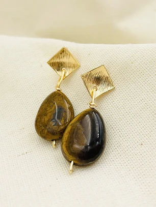 Aretes rombo dorados con piedra Ojo de tigre