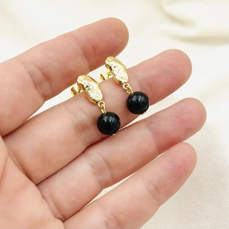 Aretes dorados con Obsidiana natural 2
