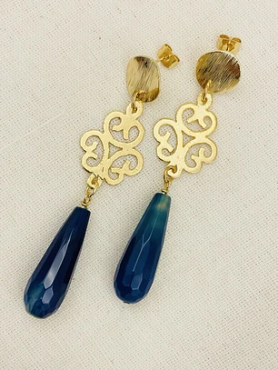 Aretes Largos Dorados con Ágata Azulada