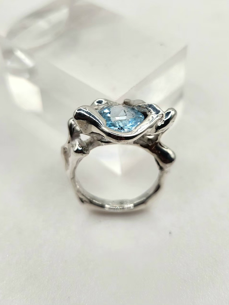 Anillo de Plata 980 con Aguamarina Faceteada en Corte Cuadrado Talla 14 - Pre Order 1