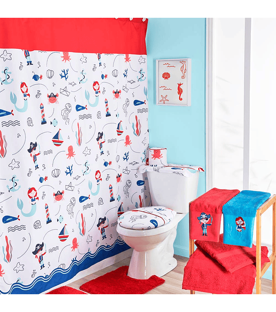 Set Cortina + accesorios WC Pirata rojo + Piso baño doble