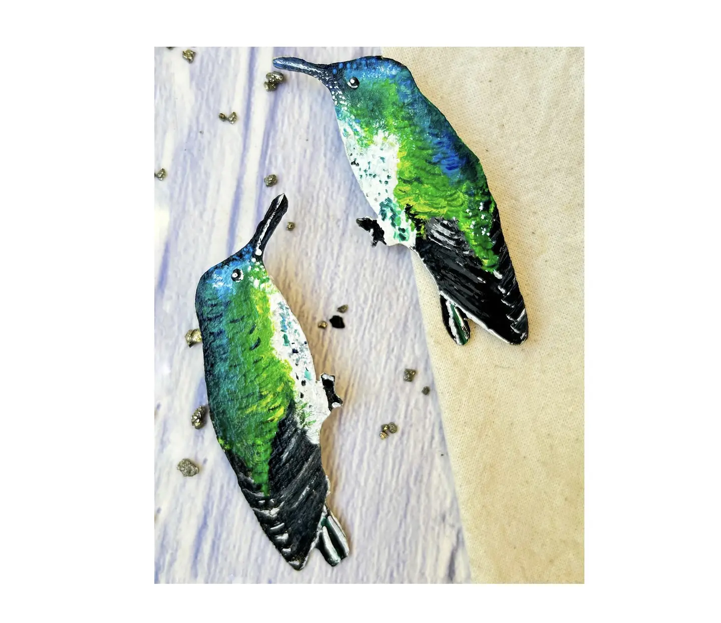 Pendientes o Aros ilustrados Colibrí hembra de la isla Juan Fernandez 1