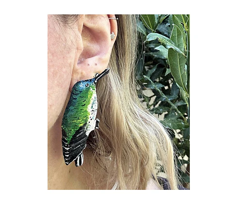 Pendientes o Aros ilustrados Colibrí hembra de la isla Juan Fernandez