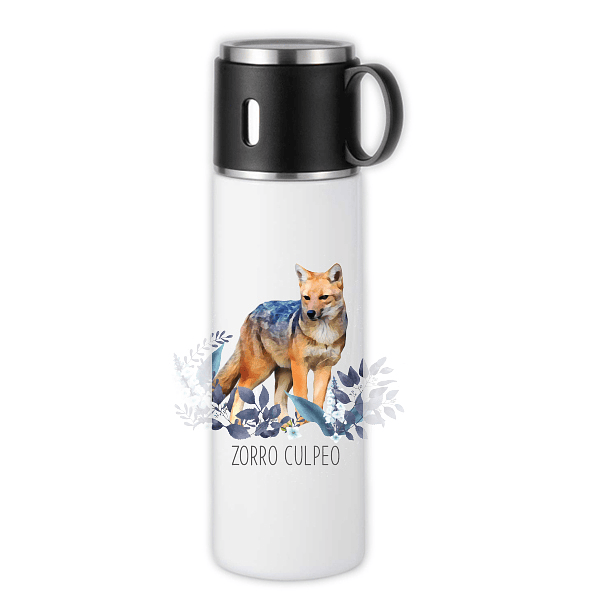 Termo con taza (tapa), Zorro Culpeo, Fauna Chilena 