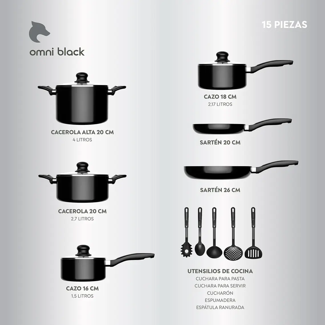 Batería de Cocina 15 Piezas Omni Black Aluminio Antiadherente 8