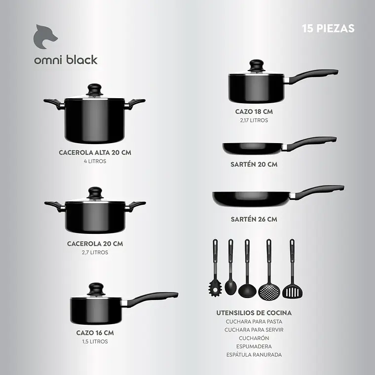 Batería de Cocina 15 Piezas Omni Black Aluminio Antiadherente 8