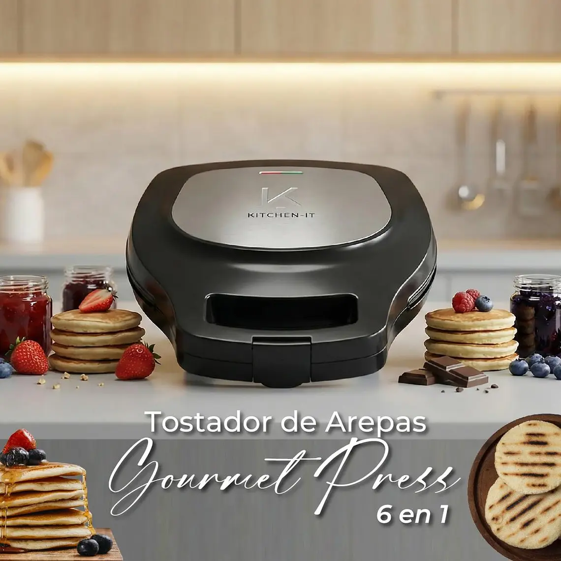 Máquina de Arepas y Panqueques Antiadherente - Gourmet Press 6 en 1 1
