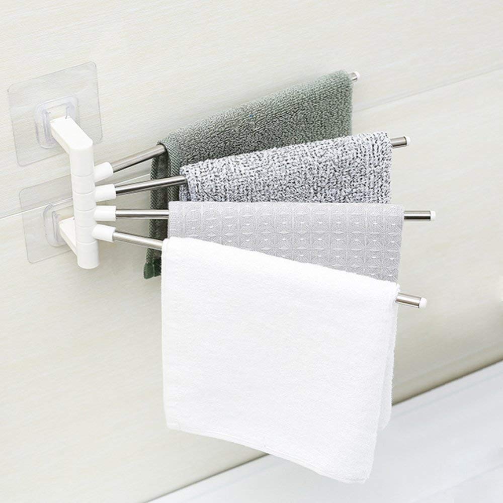 Toallero de 4 barras para baño, toallero con ganchos para montaje en pared,  rotación de 180°, colgador de toallas plegable de 90° para baño o