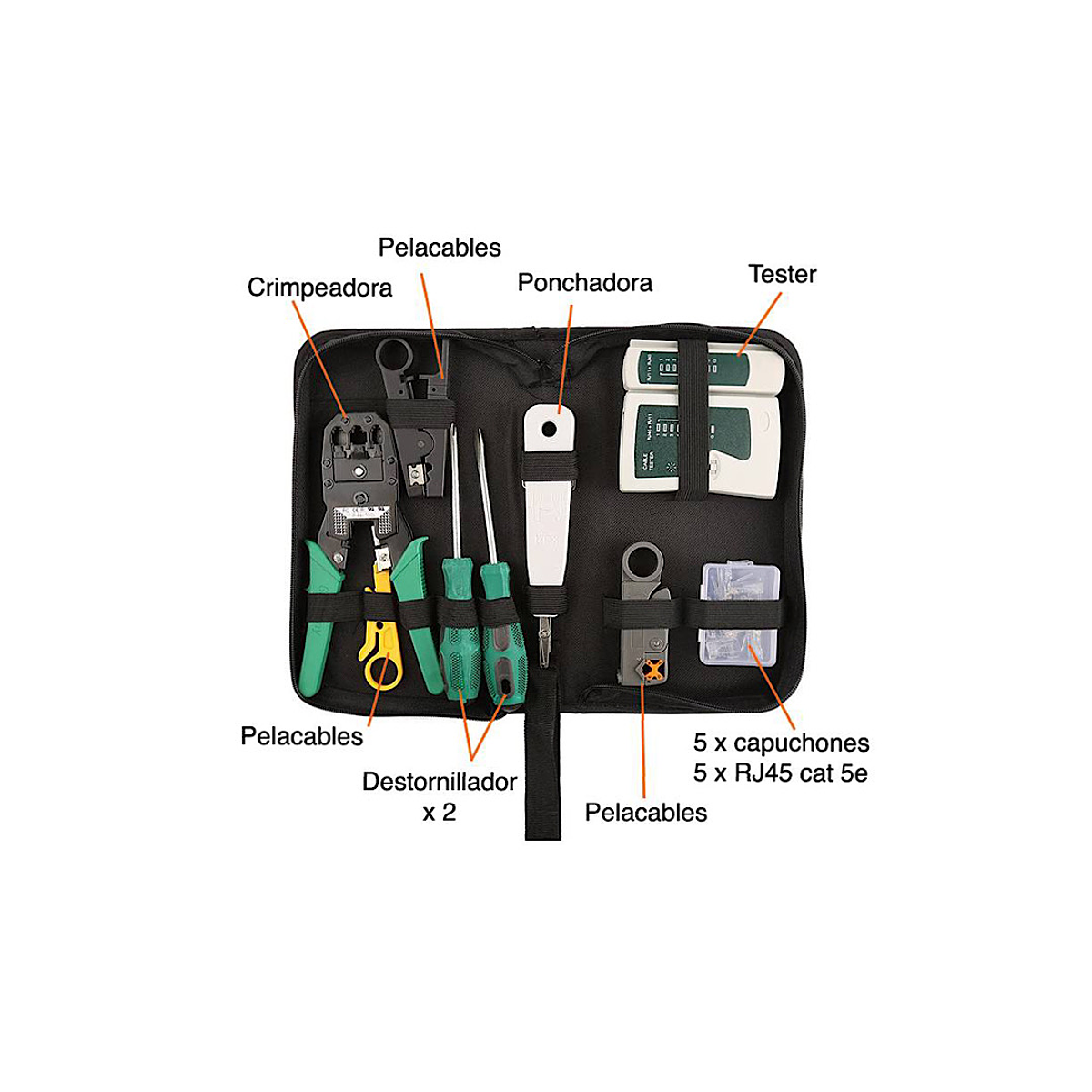 Kit herramientas Redes: Crimpeadora, Tester, Ponchadora, pelacables y más