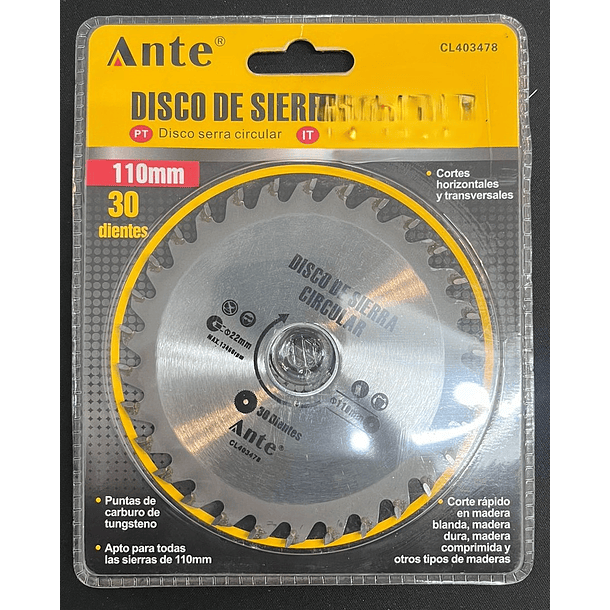  DISCO DE SIERRA CIRCULAR 110MM 30 dientes