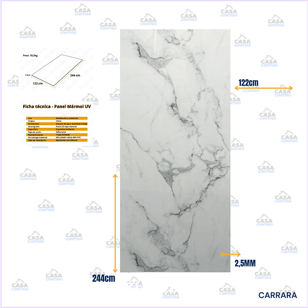 Plancha PVC Tipo Mármol Carrara 122*244cm 2