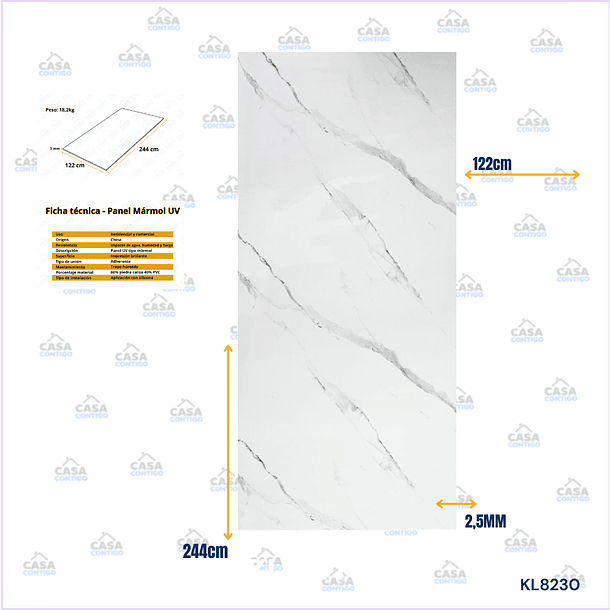 Plancha PVC Tipo Mármol Calacatta Classic 122x244cm x 2,5mm 2