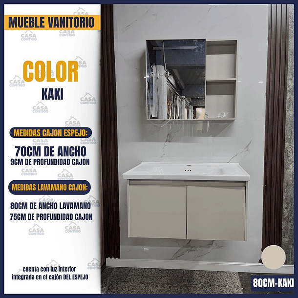 MUEBLE VANITORIO CON ESPEJO 80CM KAKI