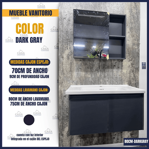 MUEBLE VANITORIO CON ESPEJO 80CM DARK GRAY