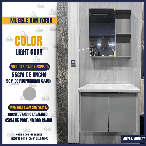 MUEBLE VANITORIO CON ESPEJO 60CM LIGHT GRAY