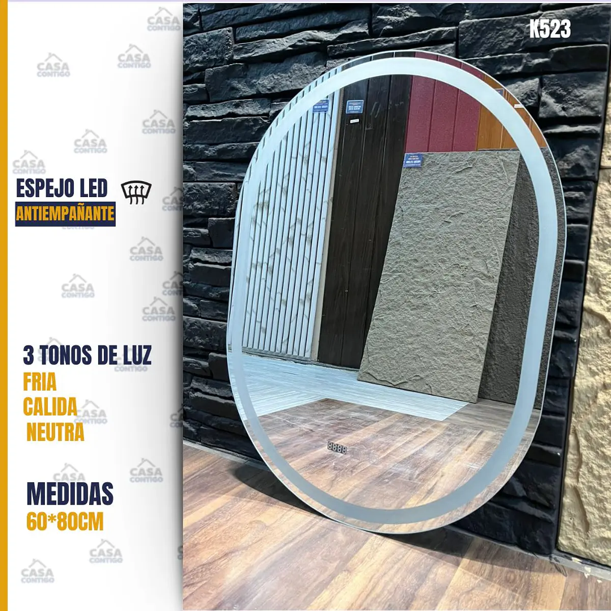 Espejo LED 3 Tonos Baño 80x60 Antivaho Luz Táctil