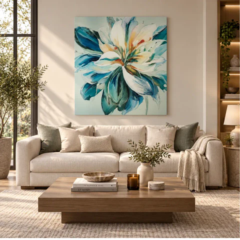 Cuadro decorativo pintado a mano y texturizada Flor Azul en Movimiento
