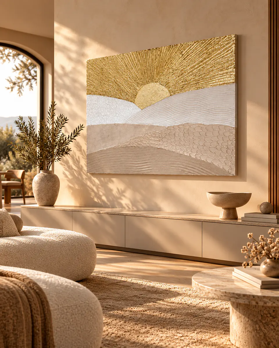 Cuadro decorativo pintado y texturizado a mano Amanecer Dorado  3