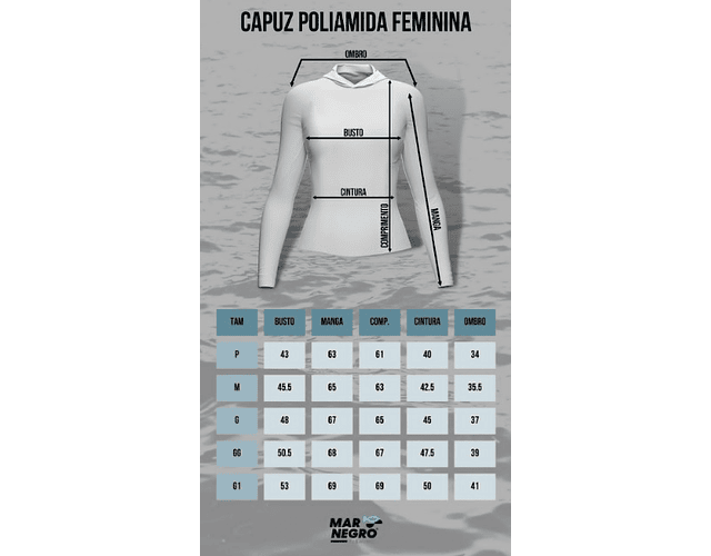Camiseta Mar Negro Poliamida Com Capuz Feminina - G1   