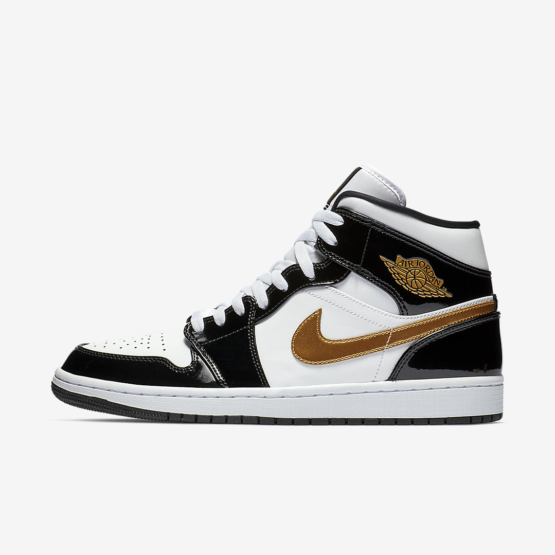 Jordan 1 Mid Patent Black White Gold 1