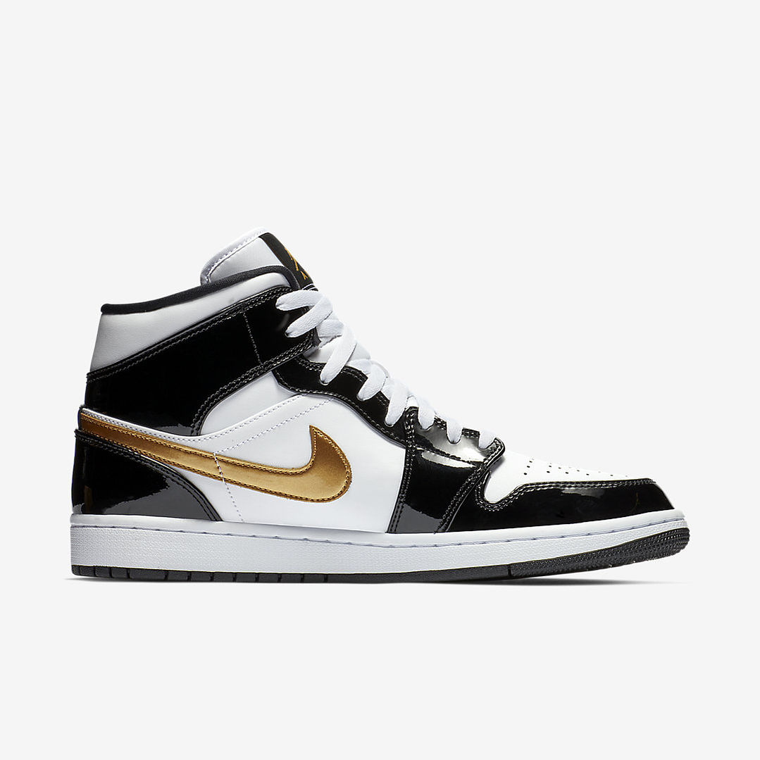 Jordan 1 Mid Patent Black White Gold 3