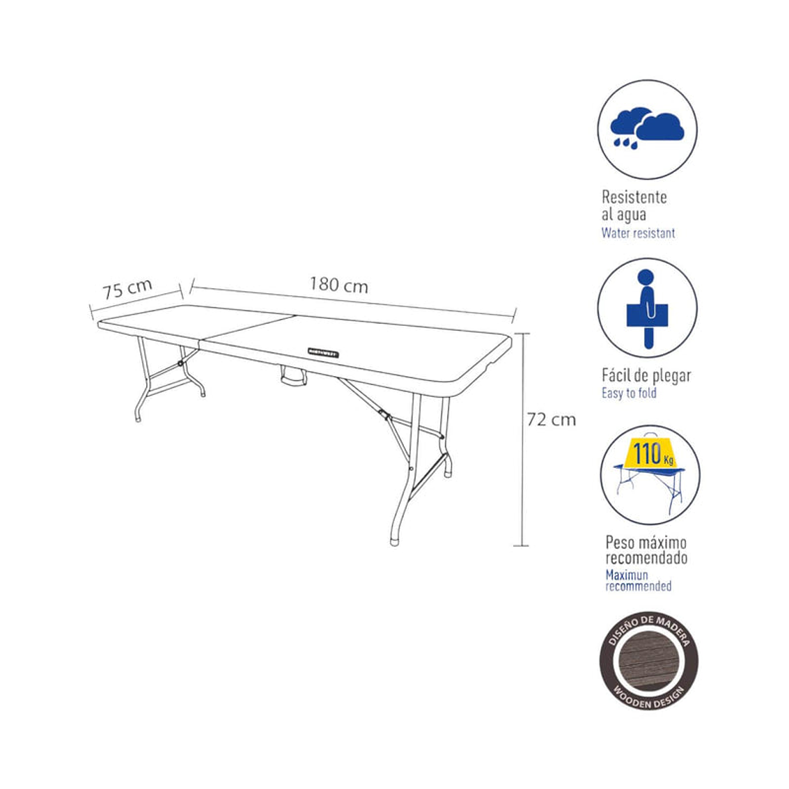 Mesa Plegable Con Diseño De Madera 180Cm Northwest 2
