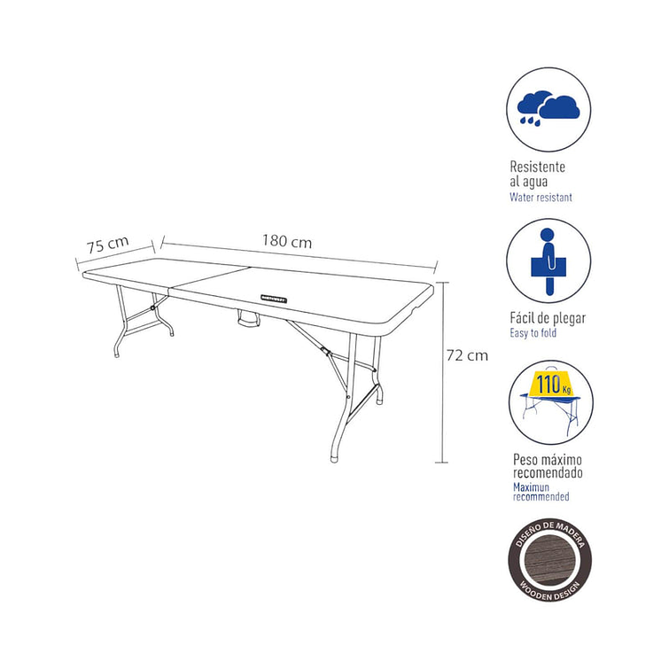 Mesa Plegable Con Diseño De Madera 180Cm Northwest 2
