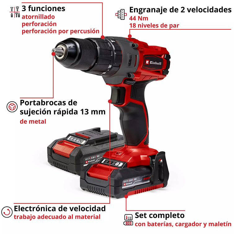 Taladro Inalambrico Einhell Te-Cd 18/2 Li+ Accesorios + 2 Bateria 2.0 Ah 4