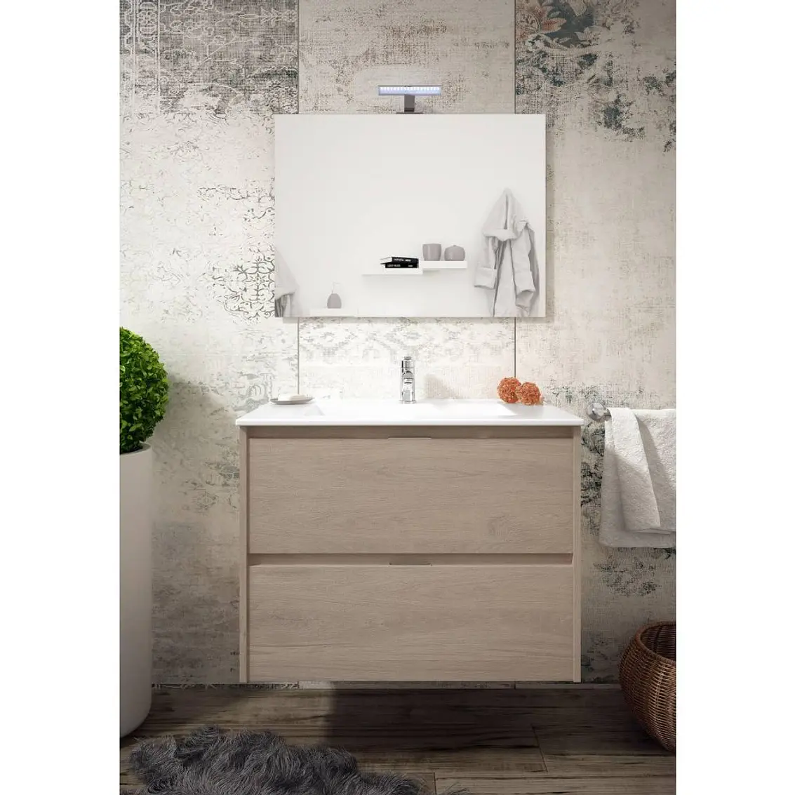 Kit Inca Mueble 80Cm Denver Oak+Cubierta S/Desague+Espejo+Foco Led 2