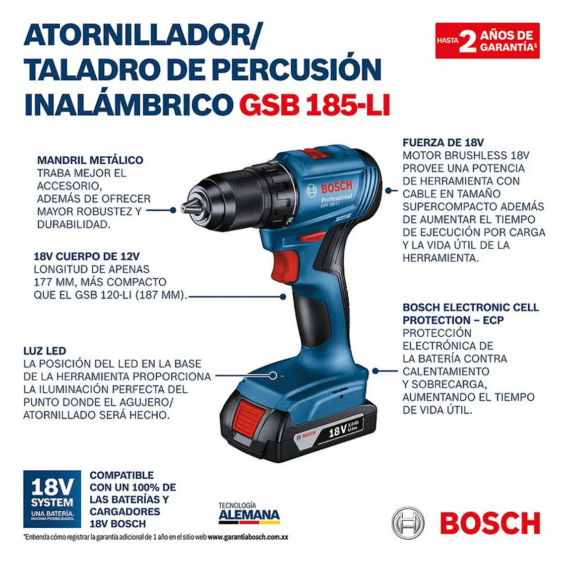 Taladro Perc/Atornil 18V Gsb 185-Li S/Car S/Bat 13
