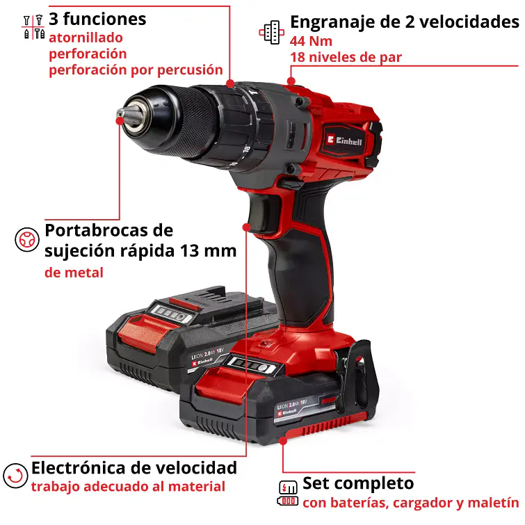 Taladro Inalambrico Einhell Te-Cd 18/2 Li+ Accesorios + 2 Bateria 2.0 Ah 4