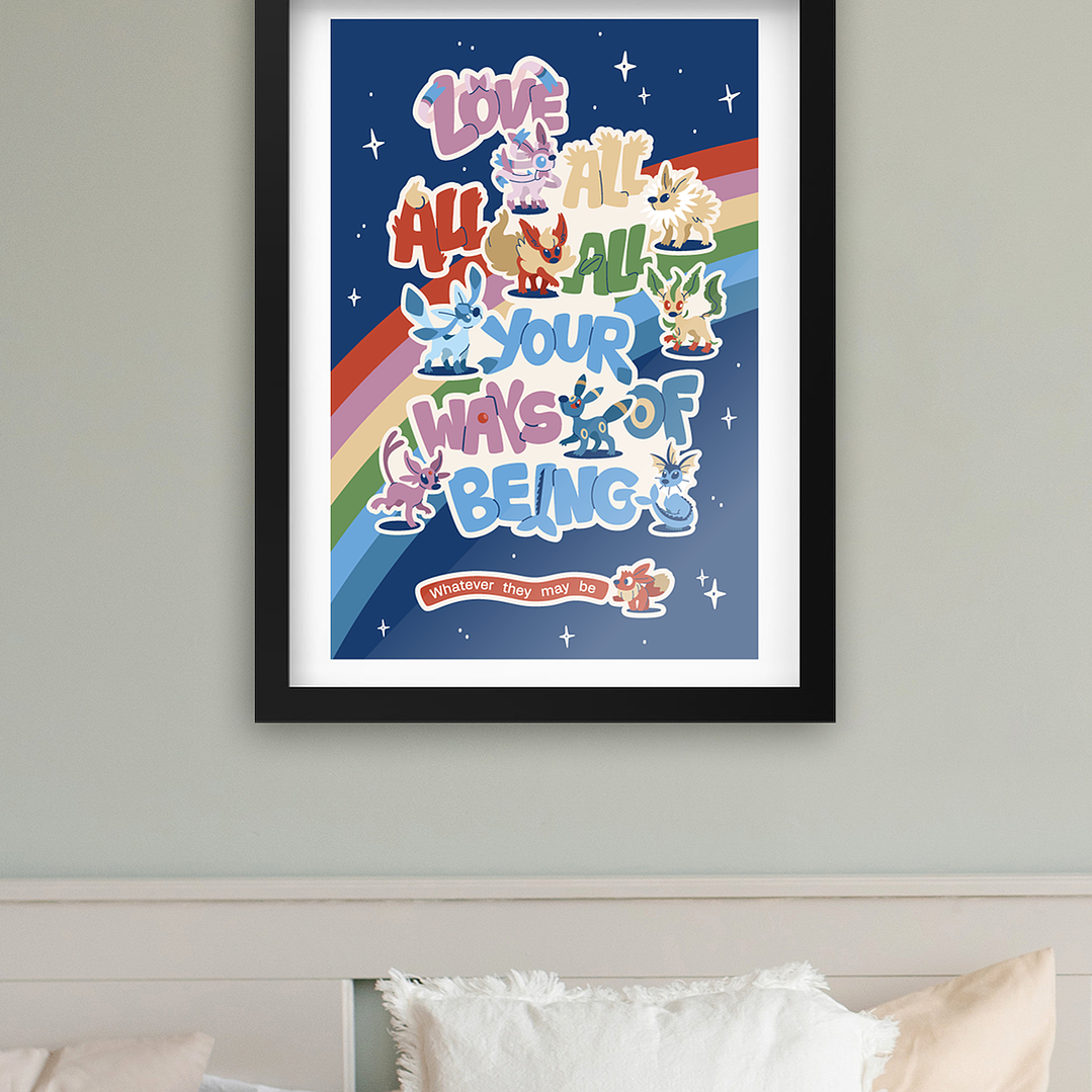 Cuadro Pokémon Evoluciones Evee versión arcoíris Marco Negro (40x50cm) 2