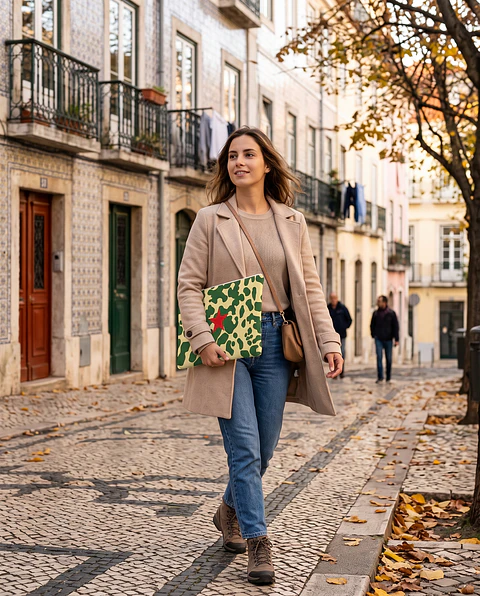Bolsa portátil | Animal print | Moo | Verde e creme