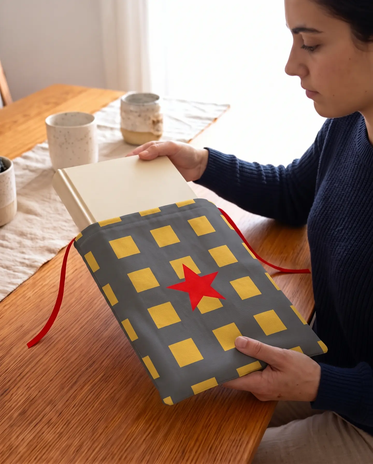 Bolsa livros e e-book | Quadrados | Cinza amarelo 1