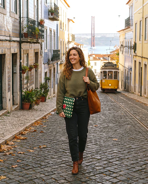 Bolsa portátil | Quadrados | Verde e creme