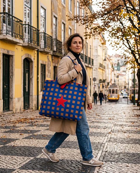 Sasha shopper | Quadrados | Azul castanho