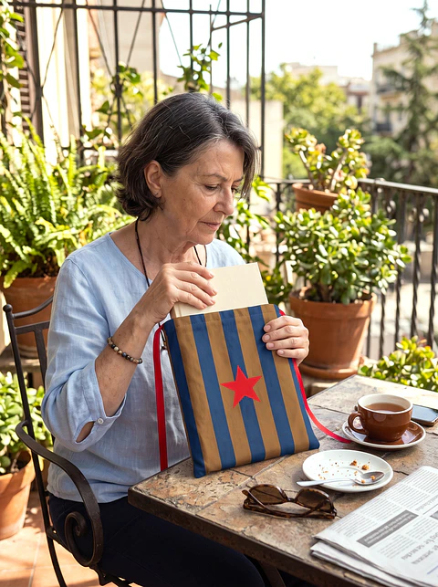 Bolsa livros e e-book | Riscas | Horizontais | Castanho e azul