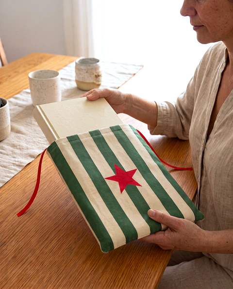 Bolsa livros e e-book | Riscas | Horizontais | Verde e creme