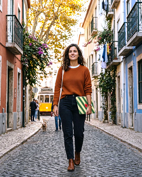 Bolsa portátil | Riscas | Horizontais | Verde e creme