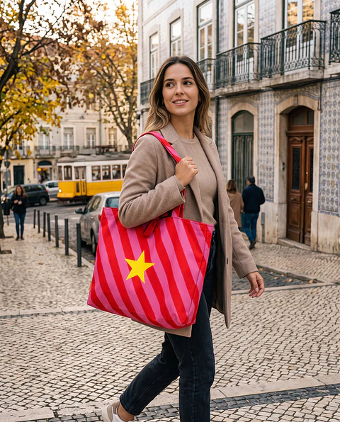 Sasha shopper | Riscas | Horizontais | Vermelho e rosa
