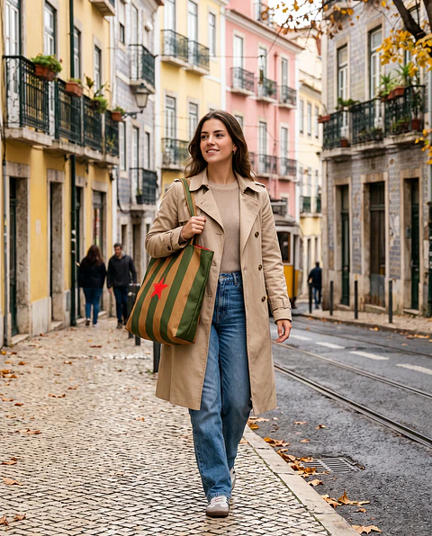 Cleo shopper | Riscas | Hrozontais | Verde e castanho