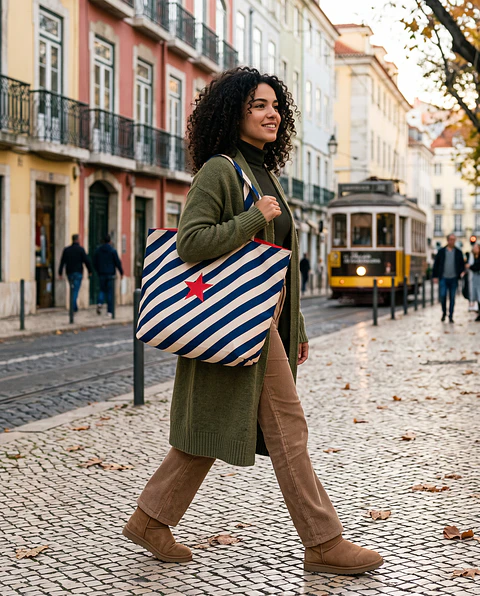 Cleo shopper | Riscas | Diagonais | Azul escuro