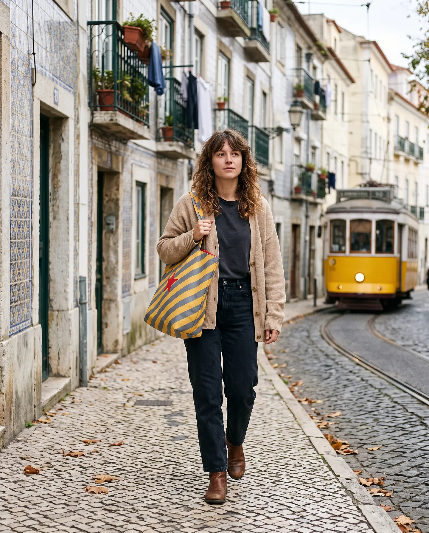 Cleo shopper | Riscas | Diagonais | Cinza e amarelo 2