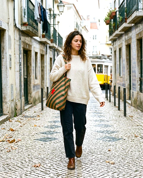 Cleo shopper | Riscas | Diagonais | Verde e castanho